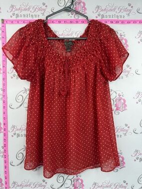 Trulli T-shirt blouse milkmaid tassel tie up Red Polka Dot Peasant Blouse
